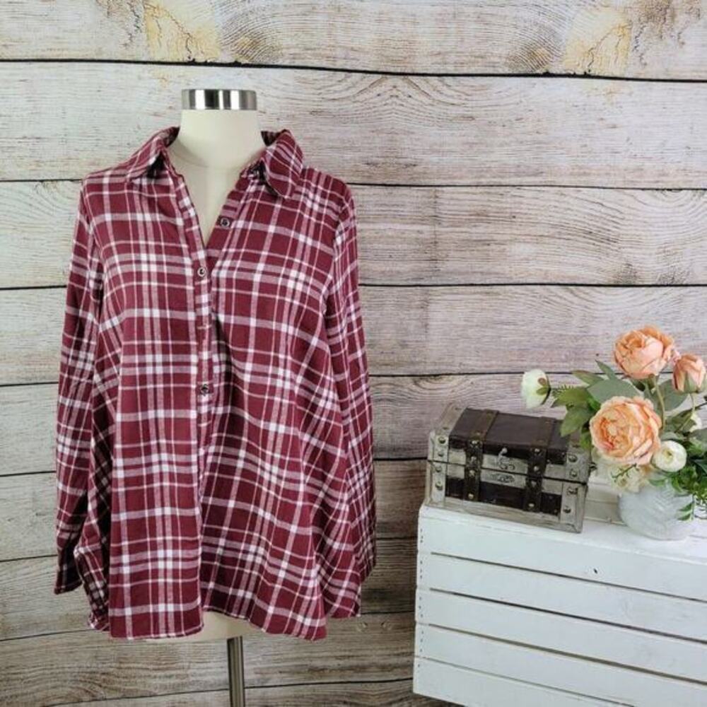 Andree by Unit Lauren‎ Oversized Plaid Top Burgundy Small